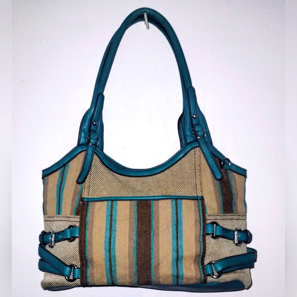 Etienne Aigner Canvas & Leather W/ Buckel Accent Teal, Tan & Cream Handbag EUC